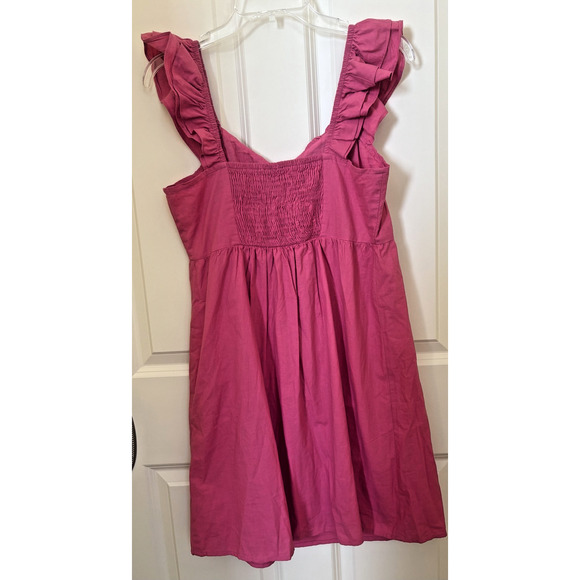 Sim & Sam Hot Pink Babydoll Cotton dress with ruffle shoulder size large - Picture 4 of 5